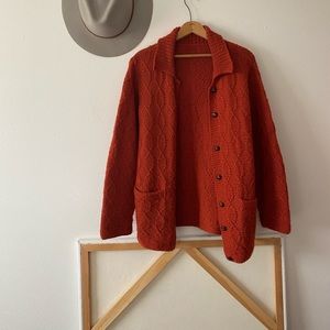Orange Hand-knit Cable Knit Sweater With Collar